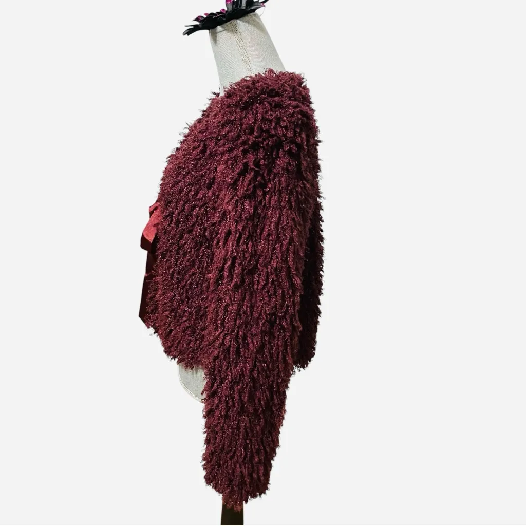 Max Studio Bordeaux Textured Faux Fur Tie Front Jacket Size L - Image 3