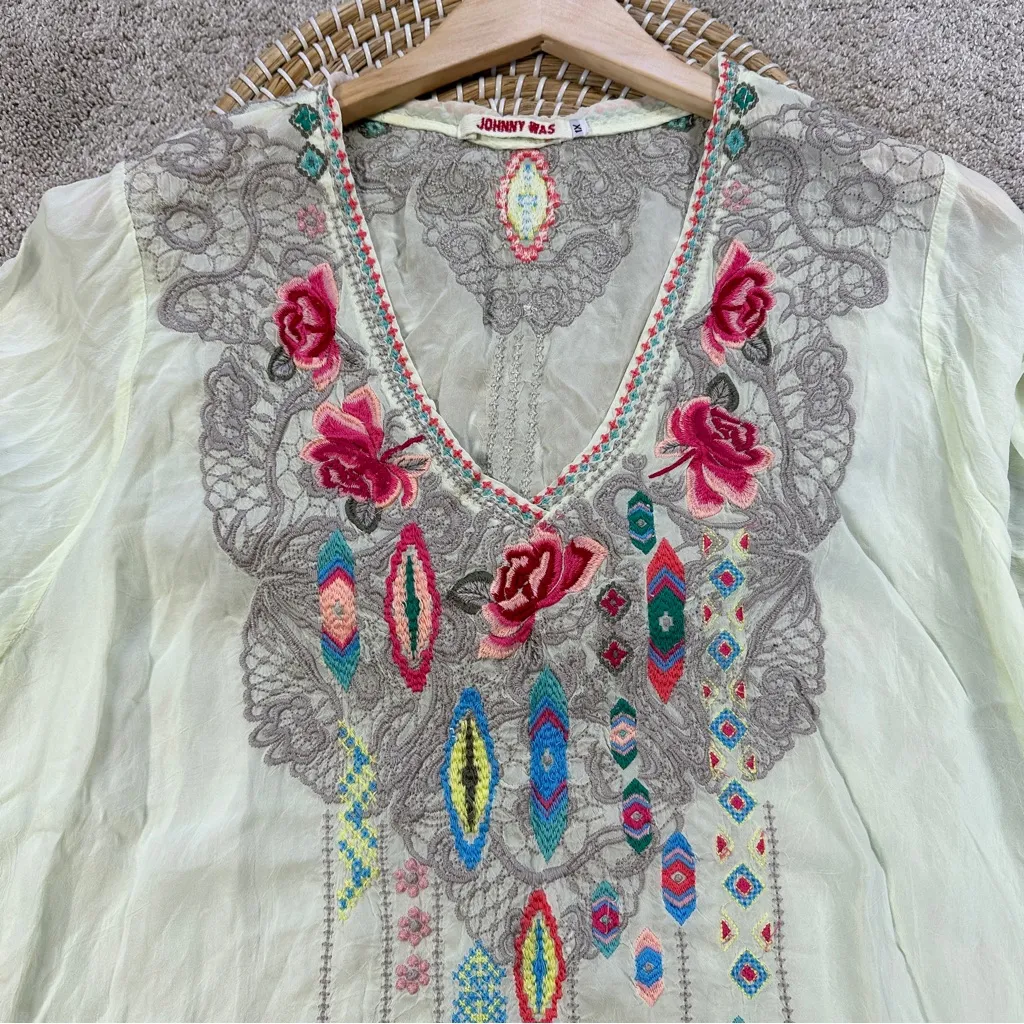 Johnny Was Women’s Floral Embroidered V-Neck Blouse Top Sheer in Mint Green 1X - Image 4