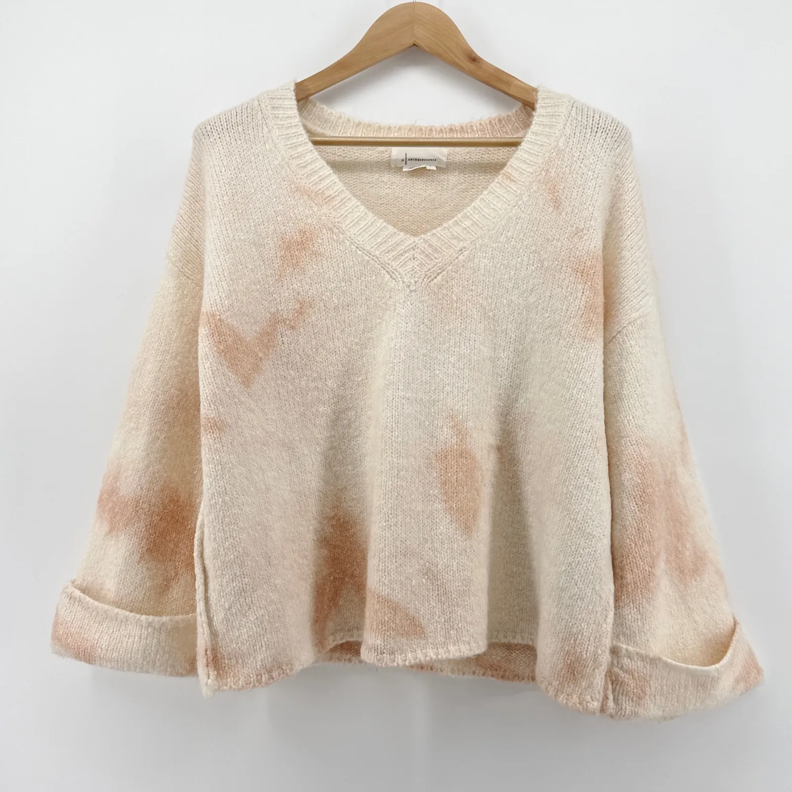 Anthropologie‎ Maggie Bell Sleeve Sweater Tie Dye V Neck Cream Pink Small Boho - Image 2
