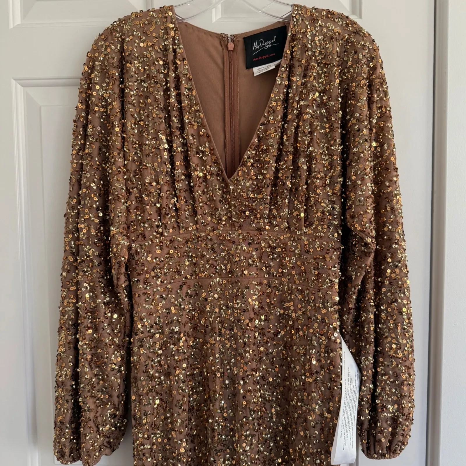 Mac Duggal 10791 Bishop Sleeve Brown Sequined Puff Sleeve V Neck Gown Size 2 NWT - Image 6