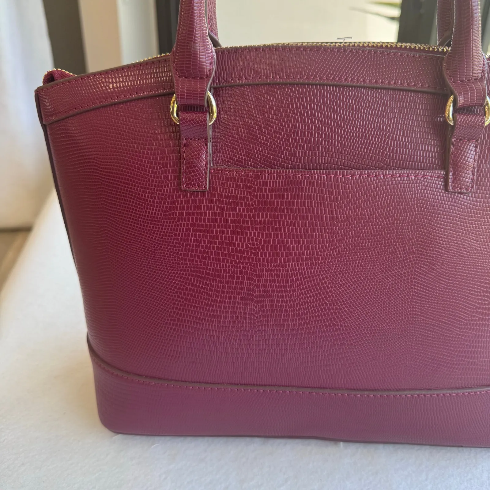 Anne Klein Burgundy Satchel Textured Faux Leather Gold Hardware Fall handbag - Image 9