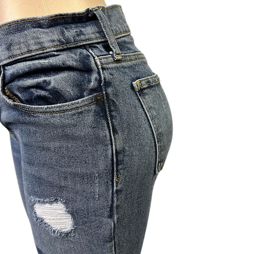 Gap Patchwork Destroyed Patchwork Denim Raw Hem Crop Straight Blue Jeans 27 - Image 4