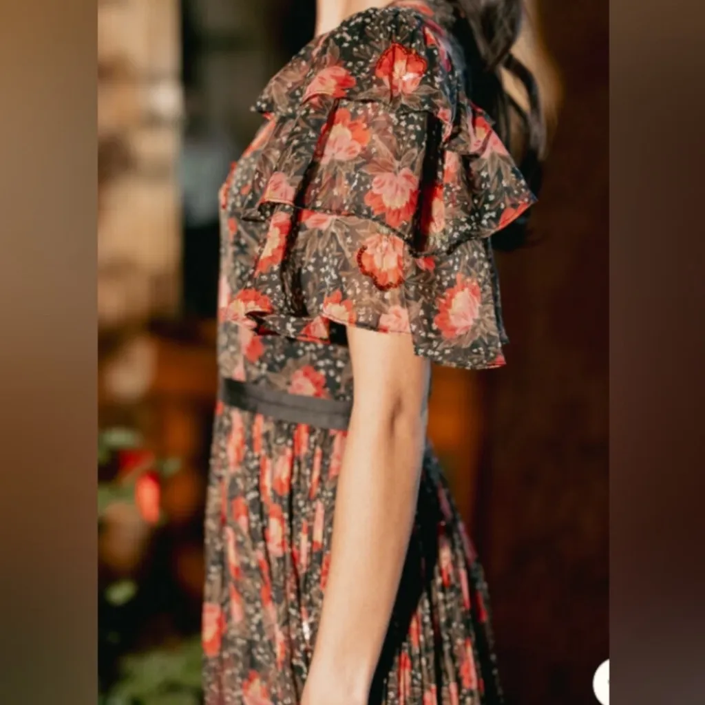 Ivy City Co Gianna Dress In Moody Floral Black and Red Floral Midi Dress Size 10 - Image 5