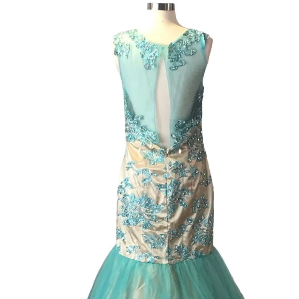 FORMAL GOWN Mermaid Embellished Aqua/Nude Tulle Skirt Ilusion Mesh Beaded Neck Size M - Image 8