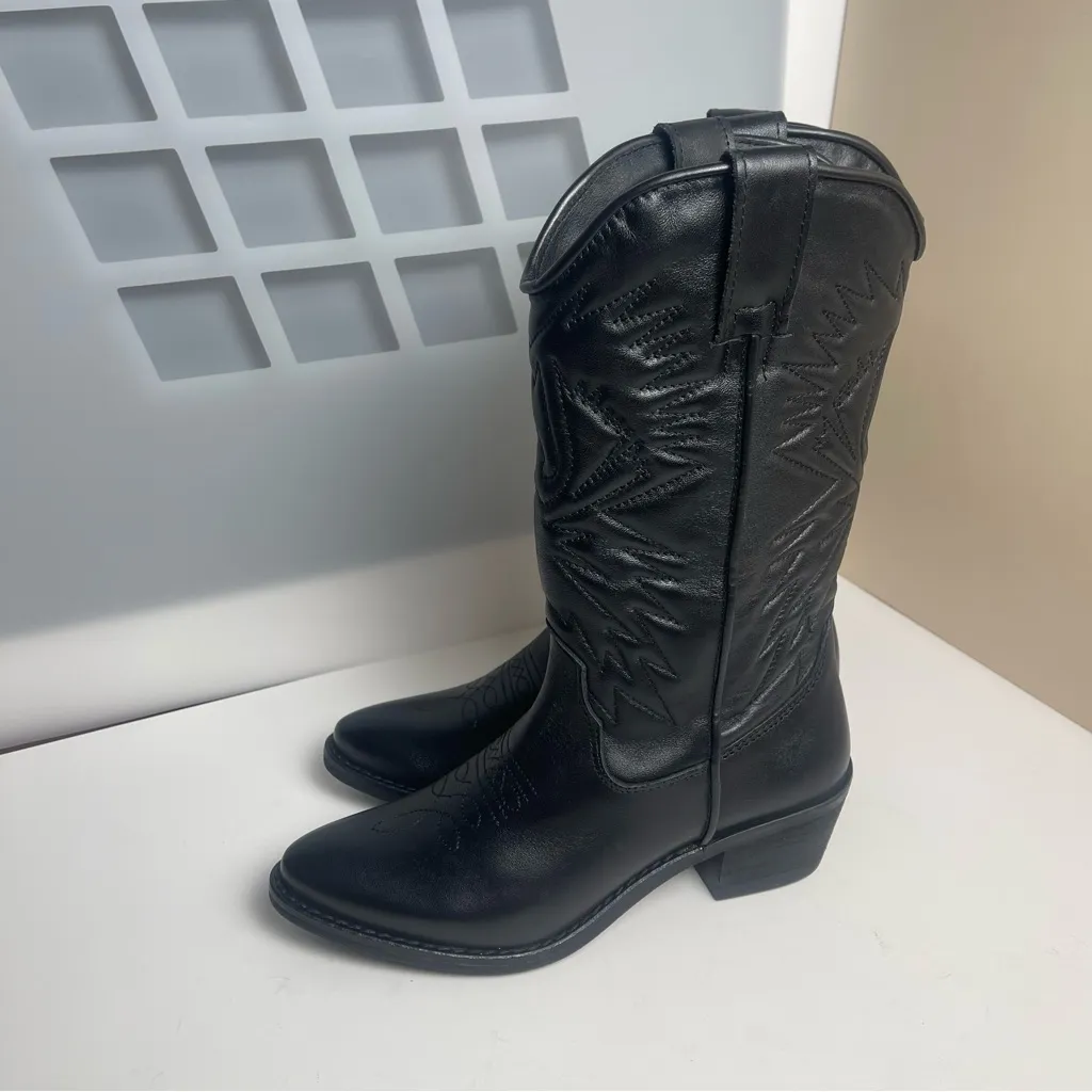 Steve Madden HAYWARD BLACK LEATHER boots Western Cowboy Boots Cowgirl Sz 6.5 - Image 9