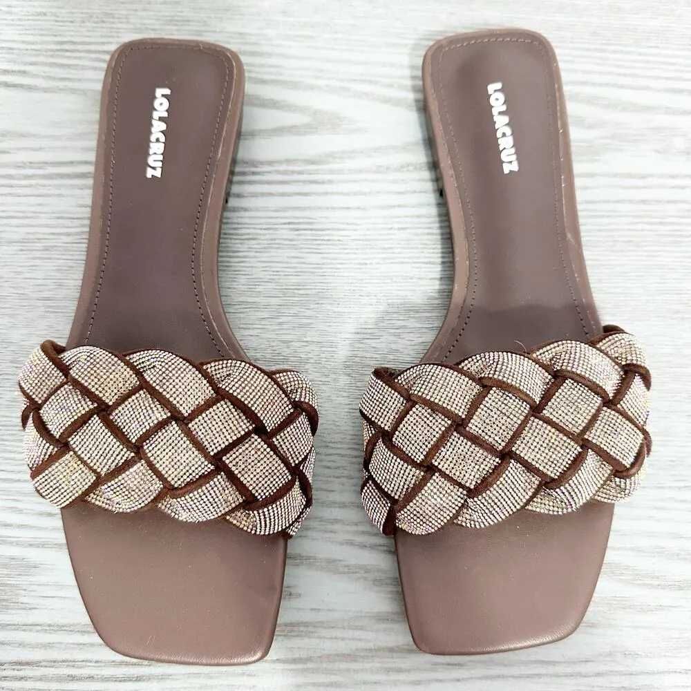 Lola Cruz Dark Brown Jeweled Braided Strap Square Toe Sandal 38 Size 8 - Image 4