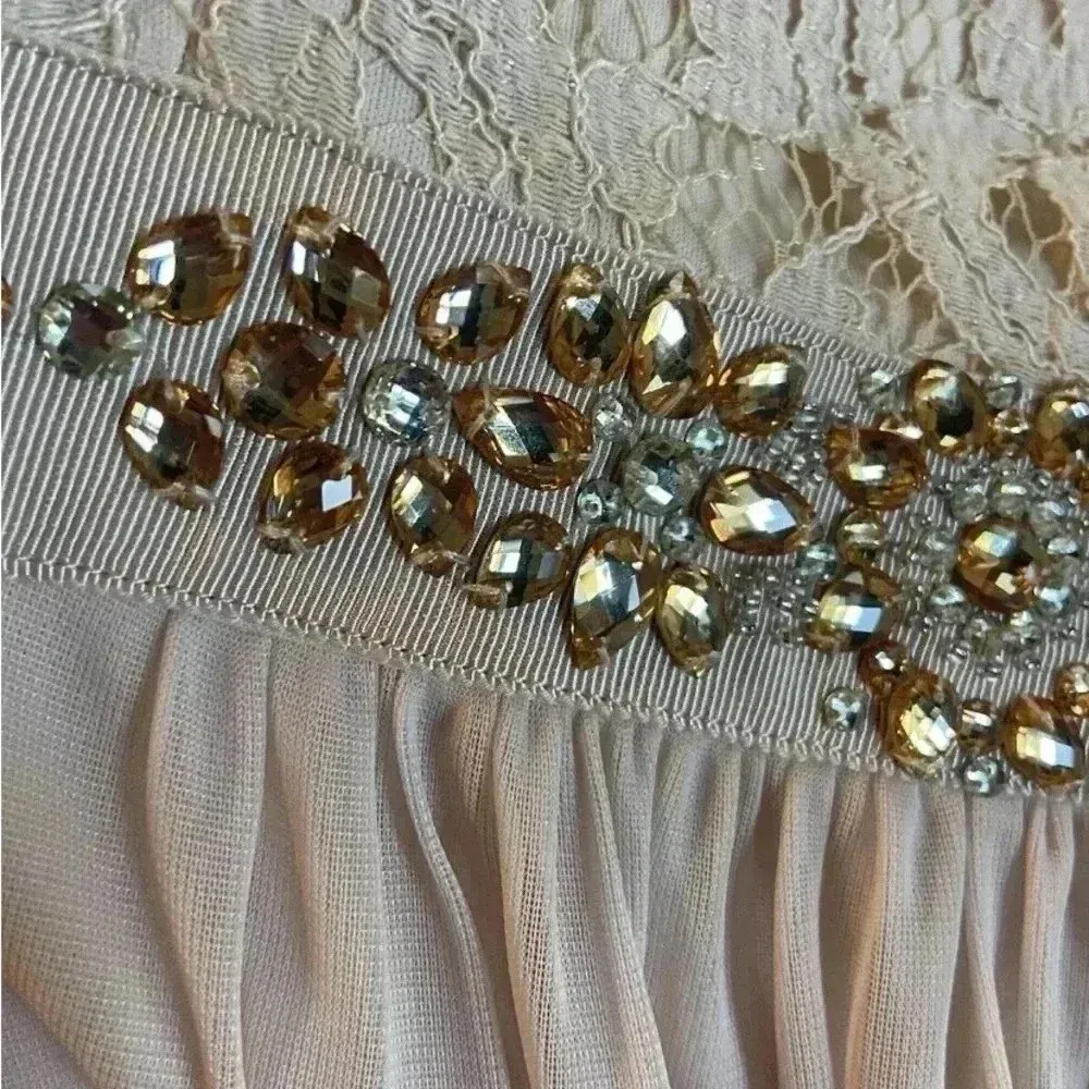 ADRIANNA PAPELL Women's Beige Embellished Lace One-shoulder Gown Dress‎ Size 10 - Image 5