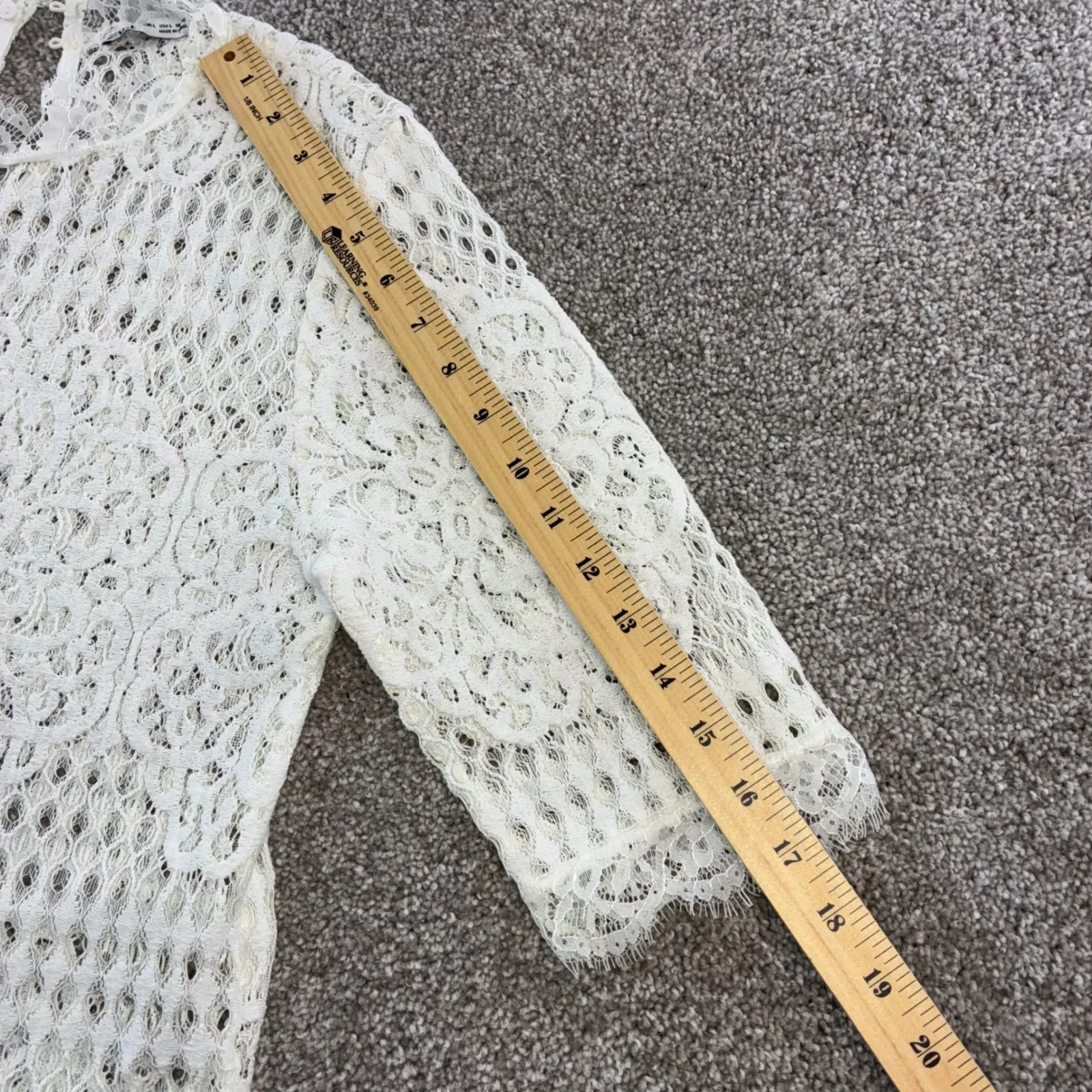 ZARA Womens L White Lace 3/4 Sleeve Mock Neck Keyhole Back Top Blouse‎ Boho Chic - Image 3