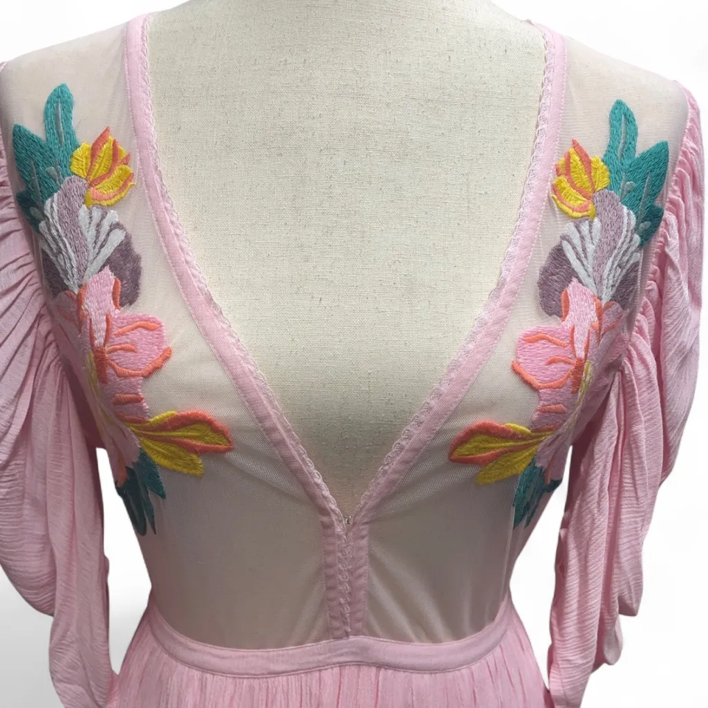 Cleobella Hayden Pink Mini Dress Boho Floral Embroidery Plunging Neckline XS - Image 4