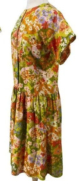 Vintage 60s Floral Butterfly Print Shirt Dress Midi High Neck Green Orange XL - Image 2