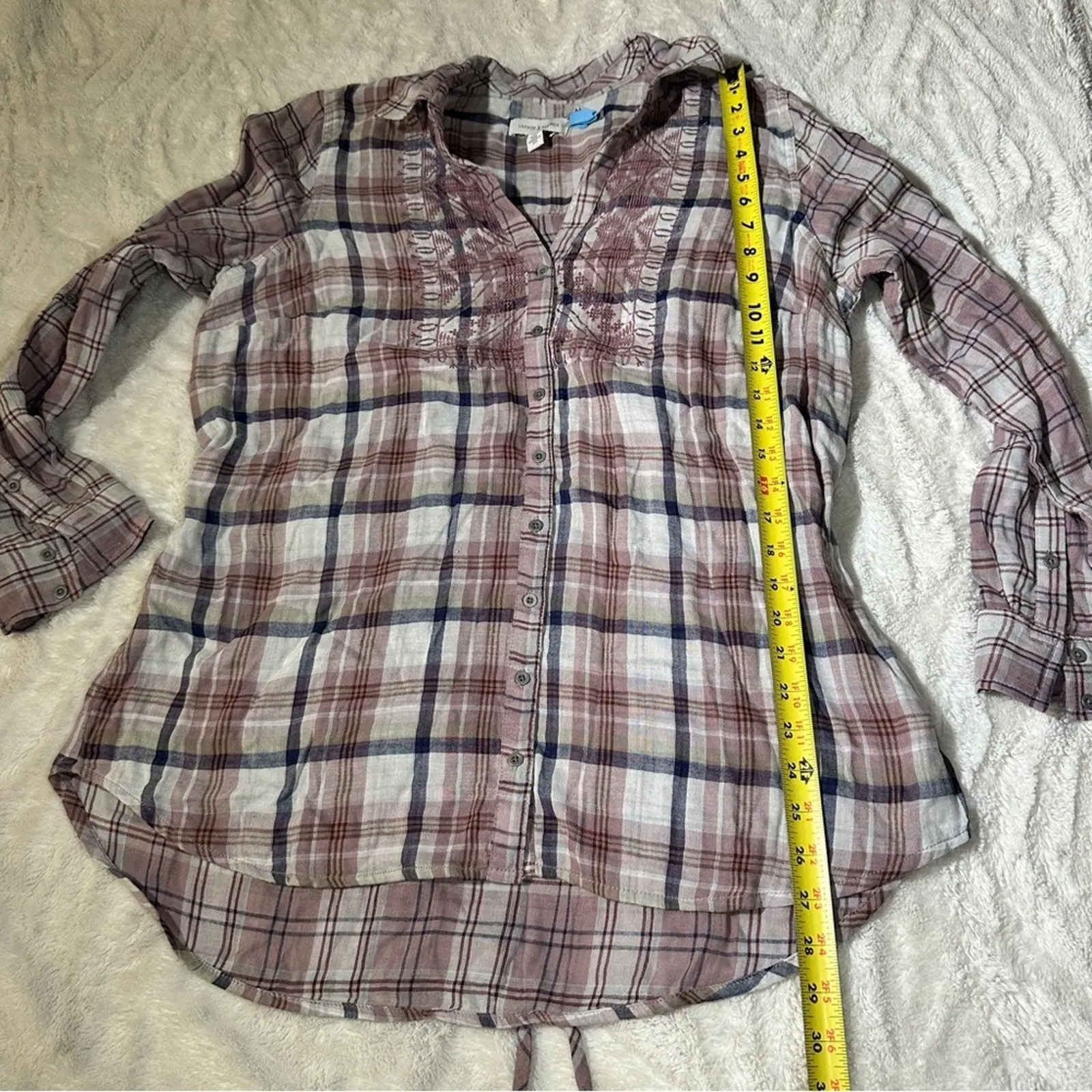 Vintage X America Size L Nadia Embroidered Plaid Top Rustic Cozy Cabin Pink White Size L - Image 8