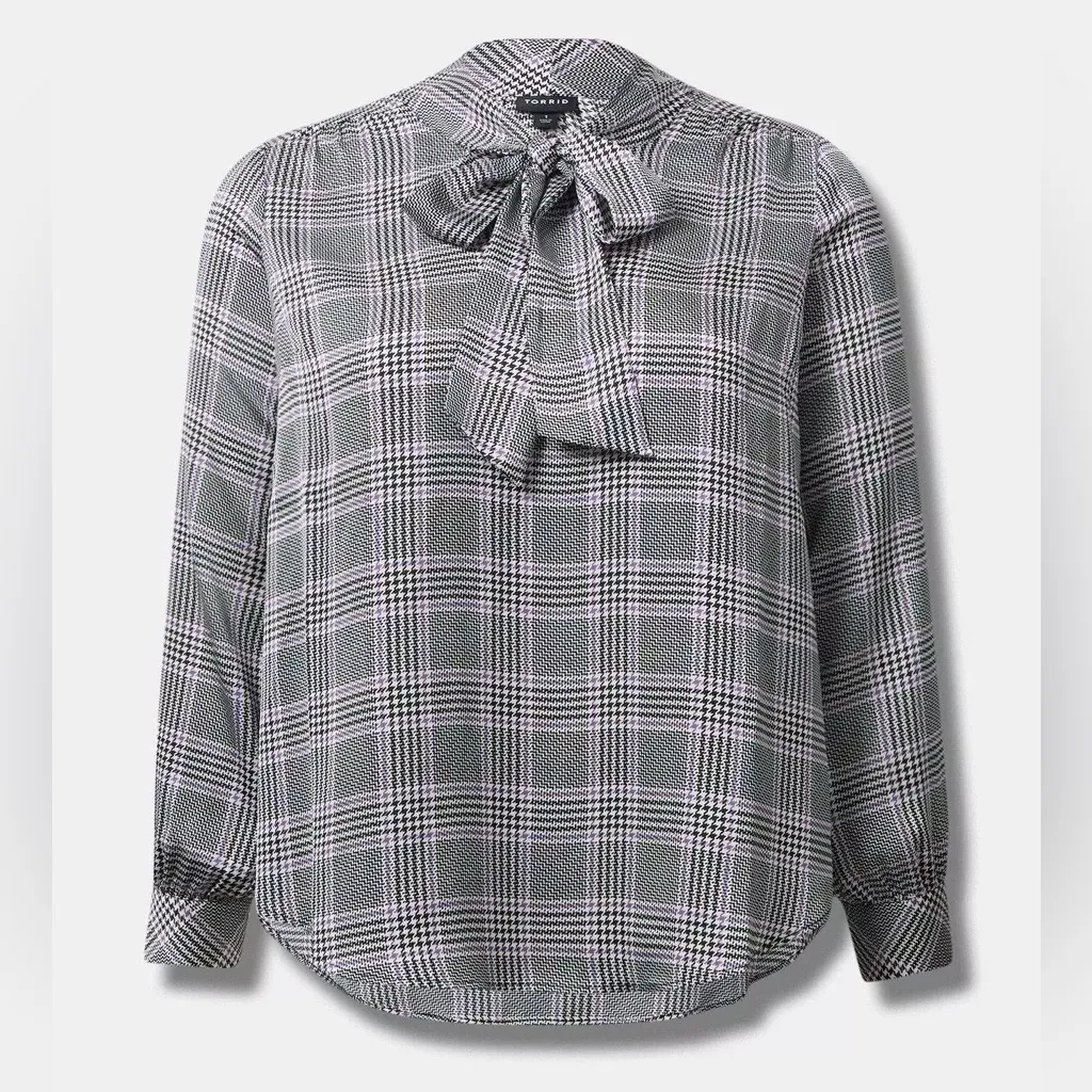Torrid Grey & Lilac Plaid Studio Bubble Satin Bow Tie Blouse Plus Size 2X - Image 10