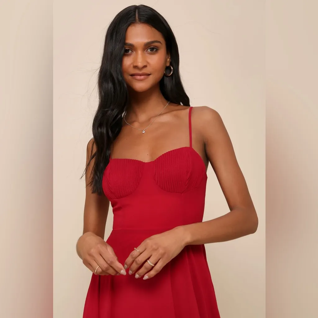 Lulus Cause for Commotion Red Pleated Bustier Maxi Dress - Image 3