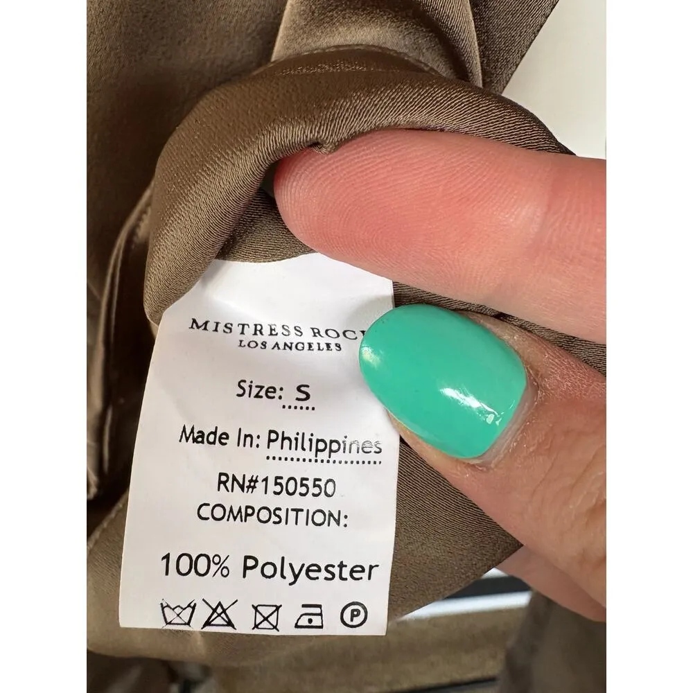 Mistress Rocks Tie Not Olive Silky Backless Corset Rave Puff Sleeve Blouse Small Brown - Image 13