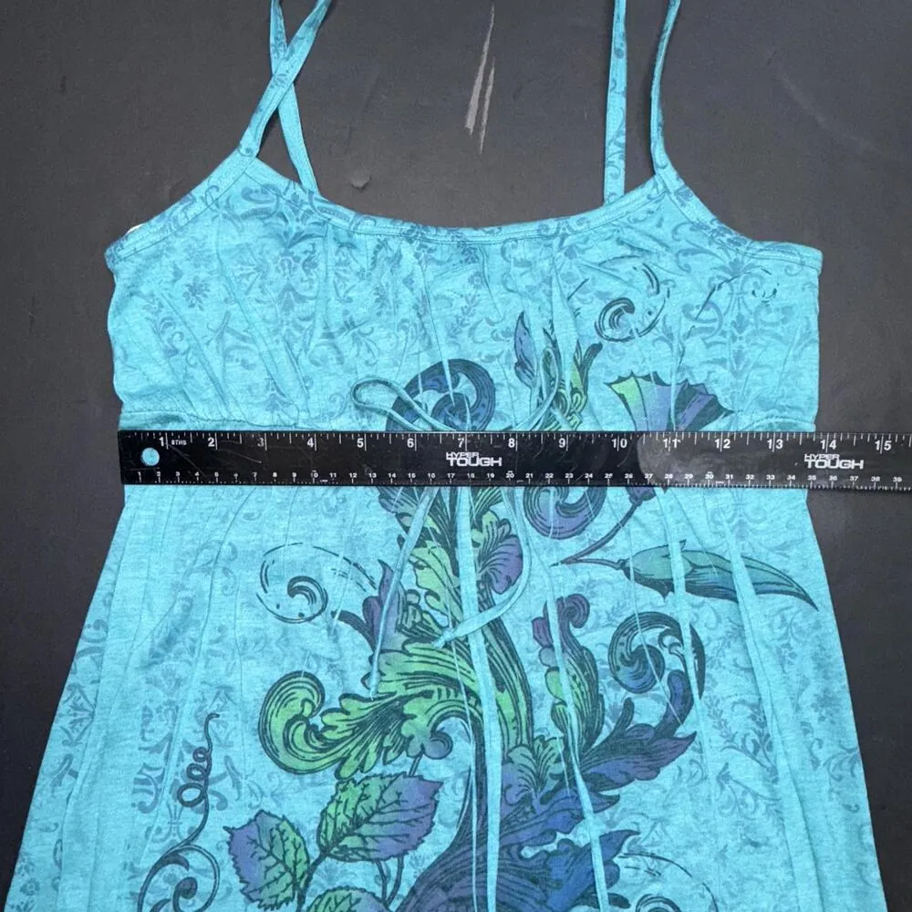 Belle du Jour Tank Floral Blue Paisley Babydoll Spaghetti Strap Y2K Mini Dress S - Image 14