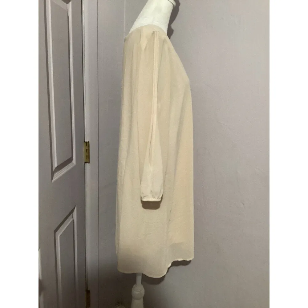 Lulus  Beige Long Sleeve Slit Shift Mini Dress V-Neck Pullover M - Image 4