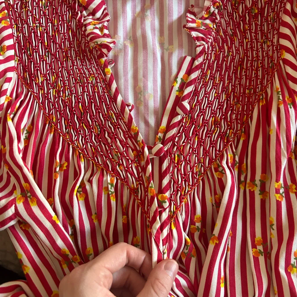 Elena Smocked Printed Broadcloth Midi Dress size M Striped Red Floral Pink Size M - Image 8