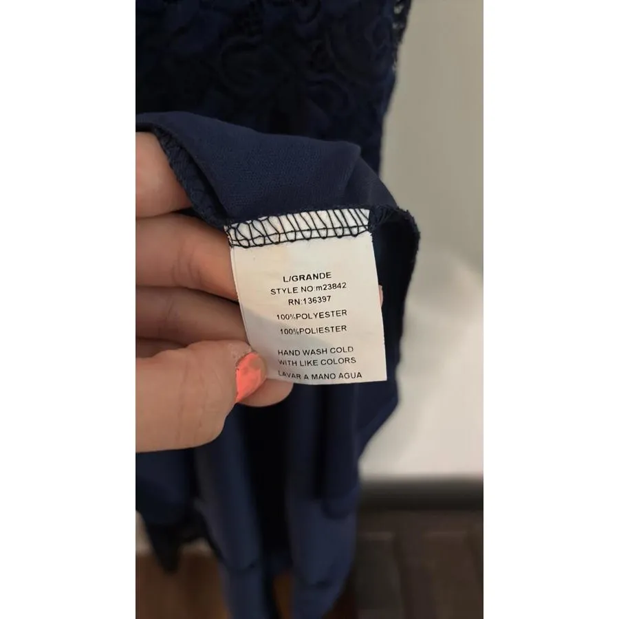 FLAW Juniors Maniju Navy Lace Evening Gown Mermaid High Slit Peekaboo Cut Out - Image 9