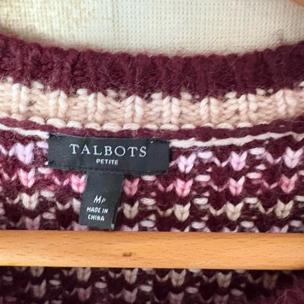 Talbots Tweed Crewneck Cardigan Sweater burgundy purple knit wool blend preppy - Image 8