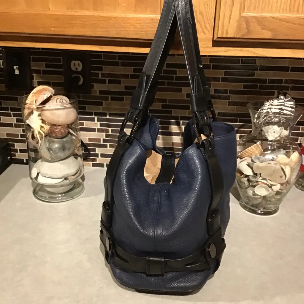 Michael Kors Leather Harness Luggage Grab Bag Satchel Tote Navy Blue - Image 7