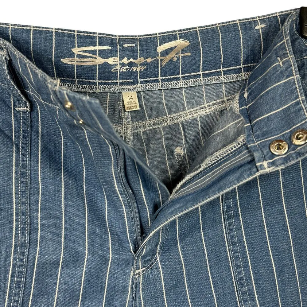 Seven7 SZ 14 Wide Leg Crop Pants Striped Chambray Pockets Hi-Rise Zip-Fly Blue - Image 3