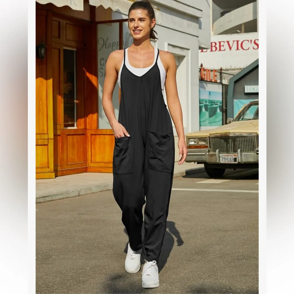 Automet Baggy Rompers Spaghetti Strap Overalls Jumper Pockets W1998 Sz L Black Size L - Image 2