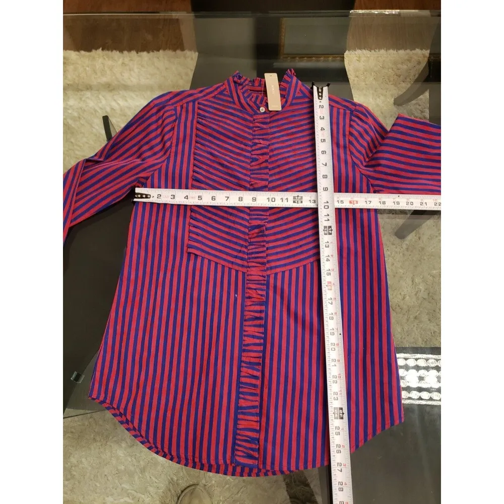 J. Crew Red & Blue Striped Long Sleeve Ruffle Trim Tuxedo Top Blouse XS - Image 6