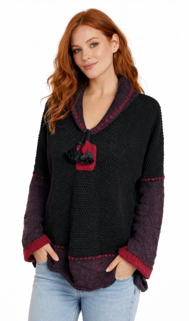 Little Journeys Boho Knit Sweater Tassel Neck Black Burgundy Pullover Size M - Image 1