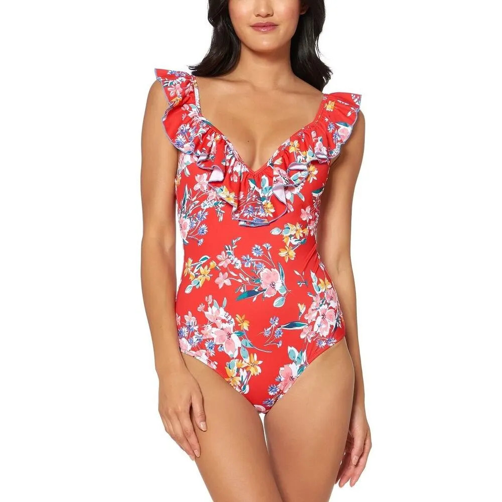 Jessica Simpson Chantilly Lace Frill Shoulder Red Floral One Piece Swimsuit Sz L - Image 4