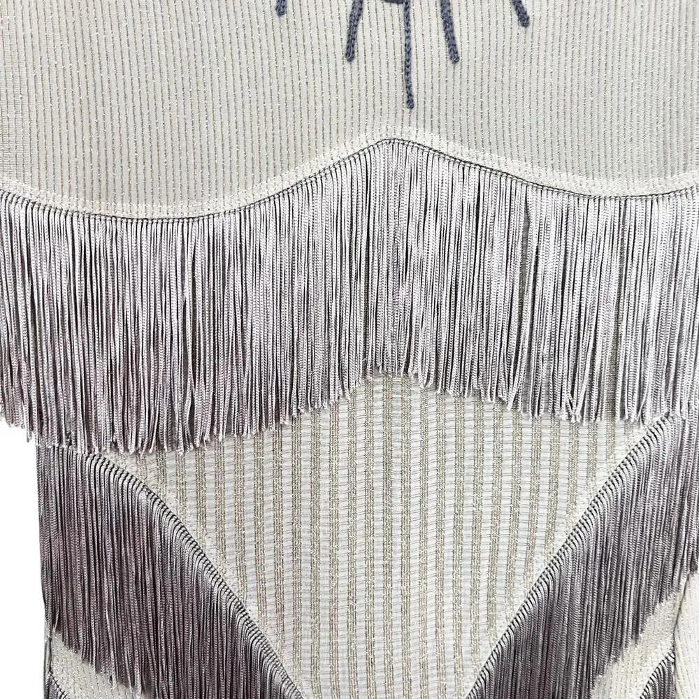 Save The Queen Long Sleeve Metallic Stripe Fringe Dress Greige Women's Small - Image 5