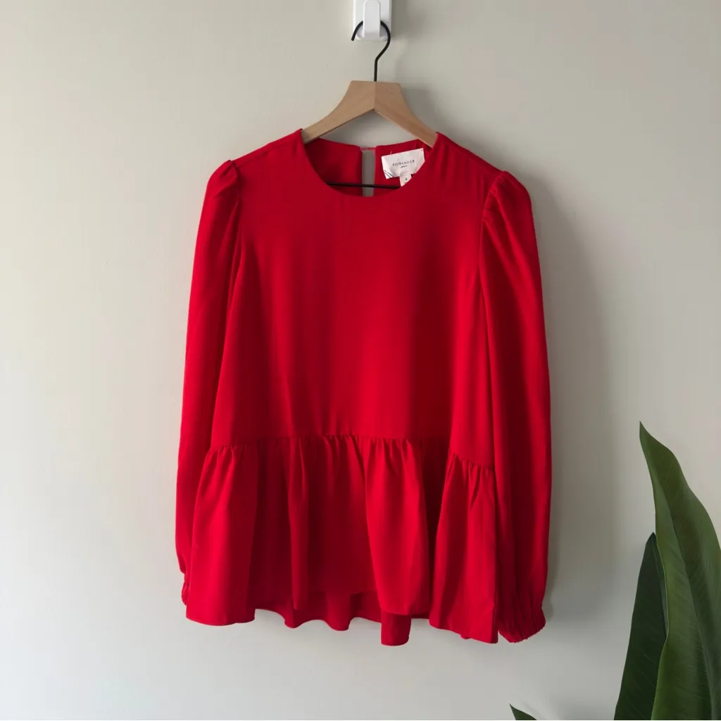 Pomander Place Carlota Peplum Blouse in Red Long Sleeve Top Ruched Flowy Keyhole - Image 4