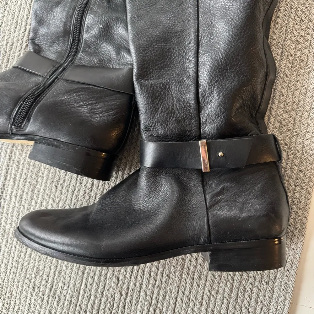 Ann Taylor Black Pebbled Leather Low Heel Tall Riding Boots Goldtone Buckles 6.5 - Image 4