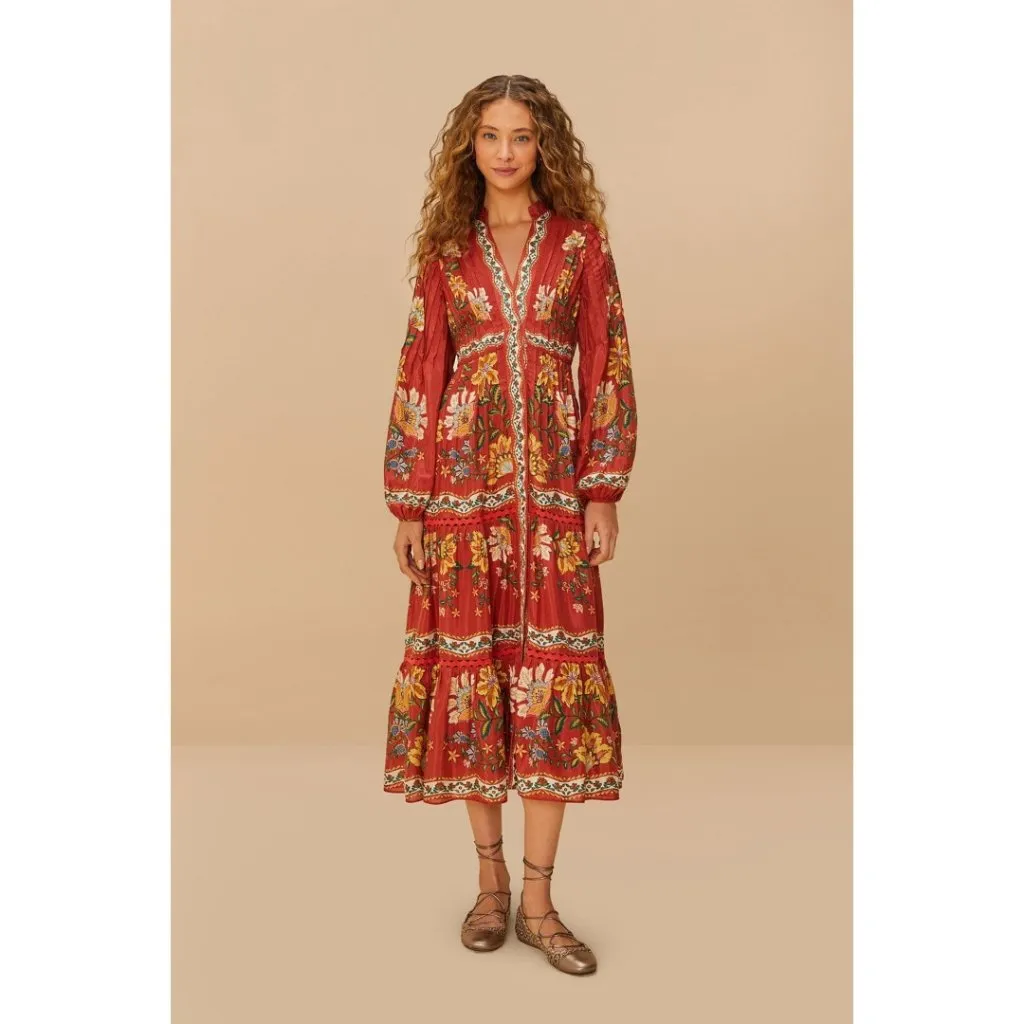 NEW NWT Farm Rio Garden Delight Floral Midi Dress Red Multi Long Sleeve Size XS - Image 9