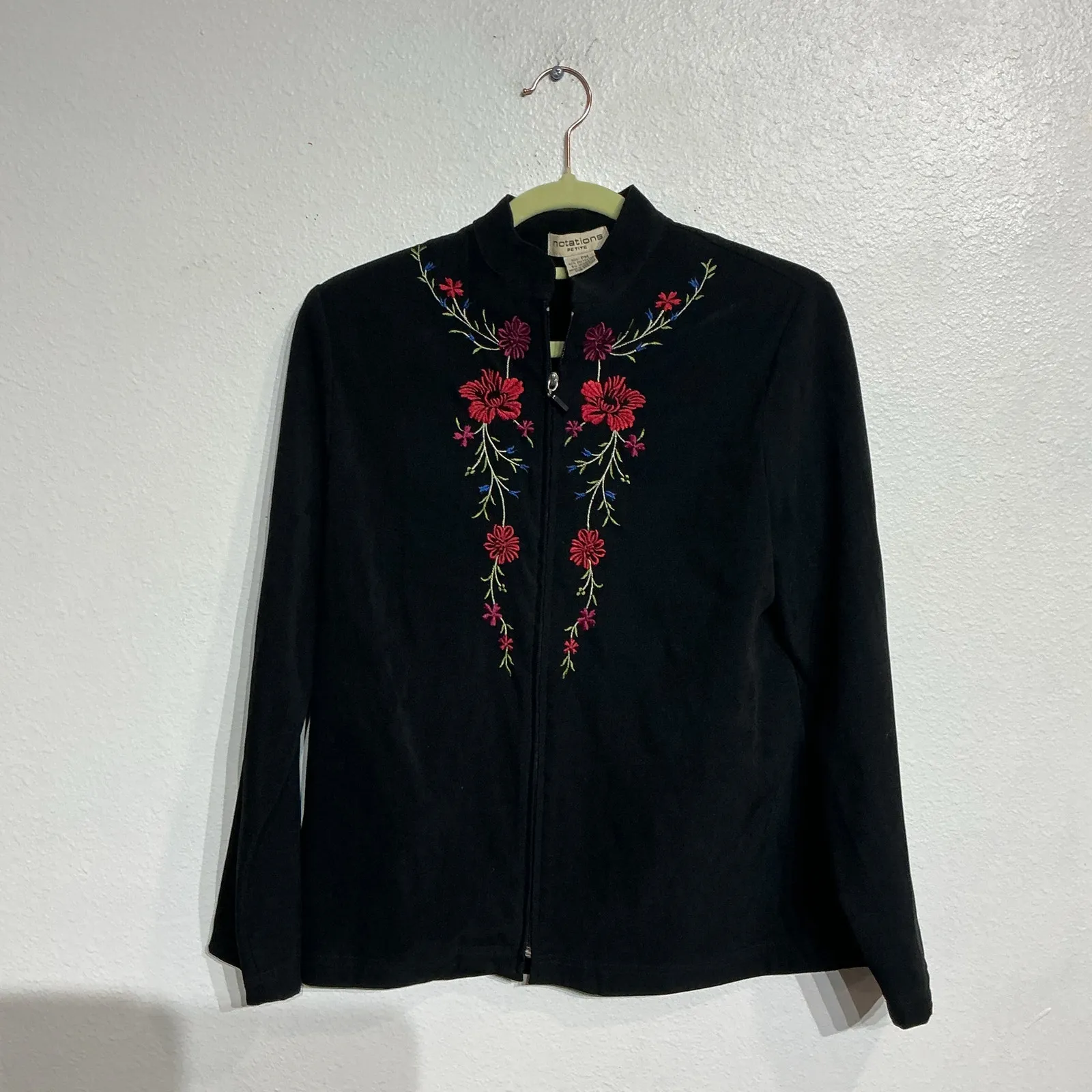 Notations Black Velour Floral Embroidered Jacket Sz PM - Image 2
