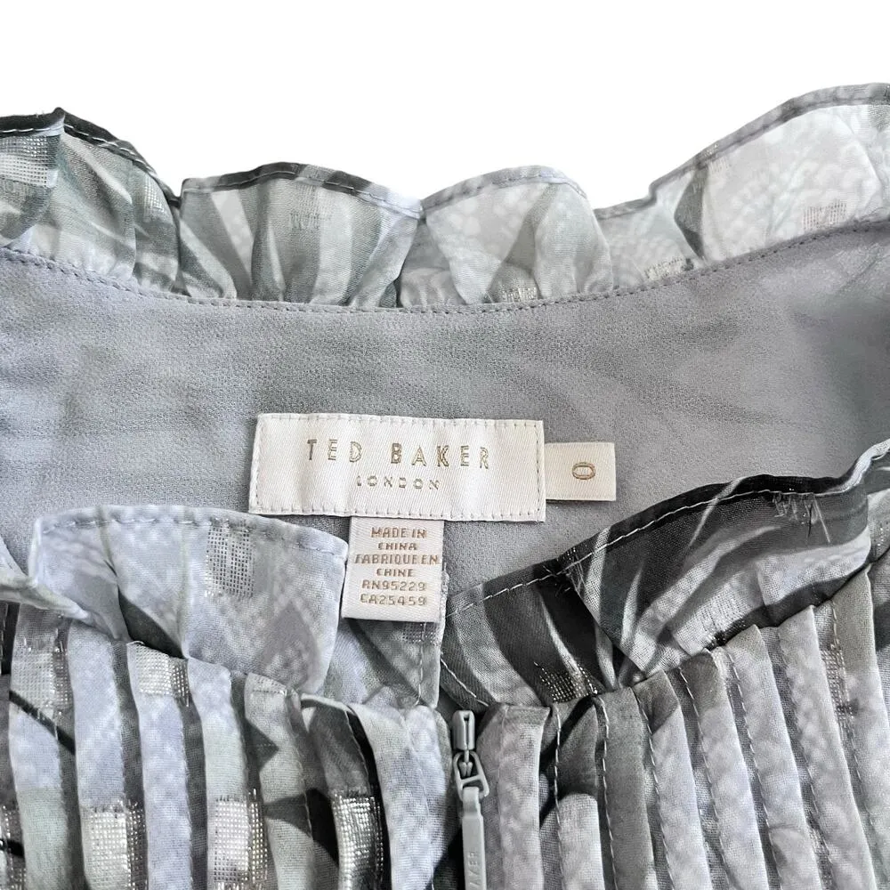 Ted Baker Tibbine Highland Pleated Floral Print Gray Long Sleeve Top Size 0/US 2 - Image 3