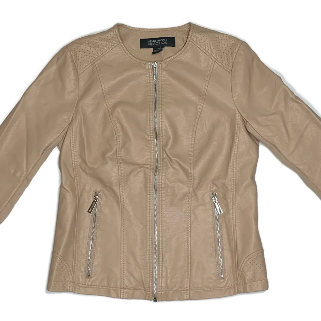 Kenneth Cole Reaction Nude Vegan Leather Bomber Jacket Tan - Image 2
