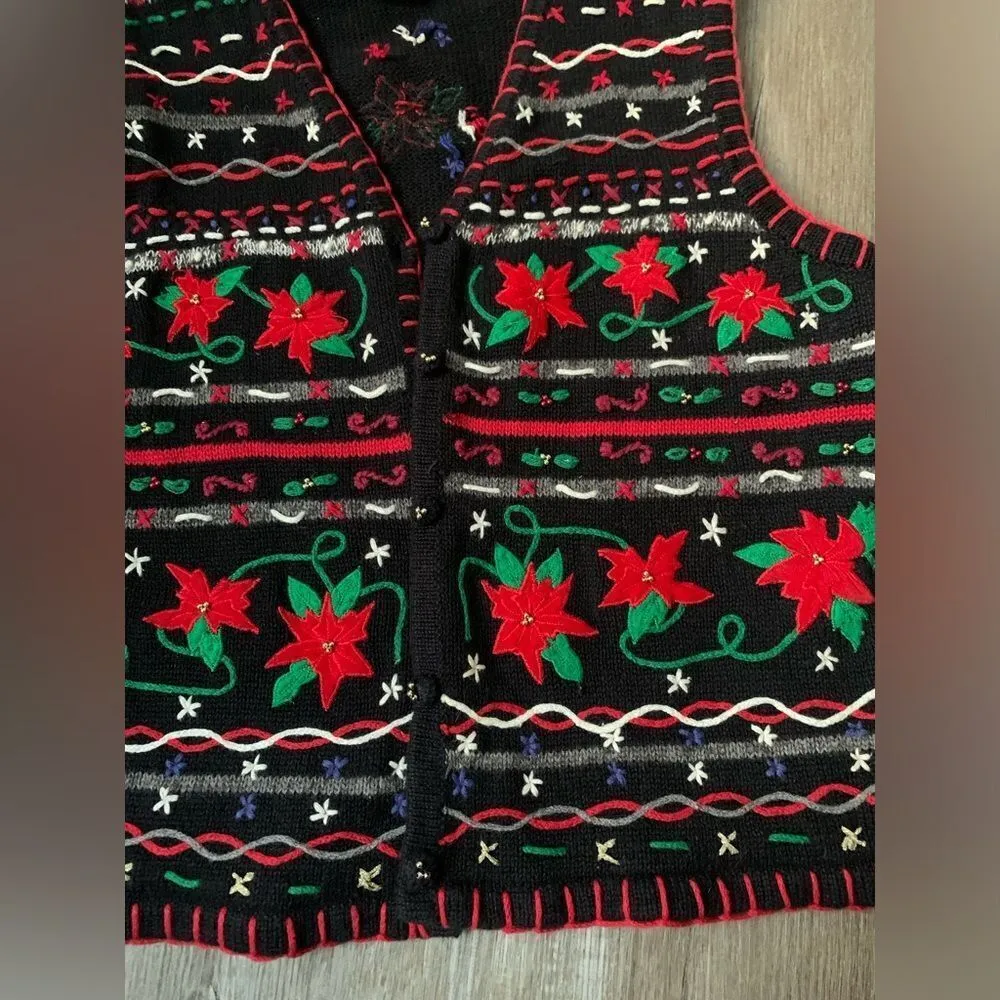 VTG CHRISTMAS Sweater Vest Funky Retro Holiday Knit Black Red Green Petite S M - Image 3