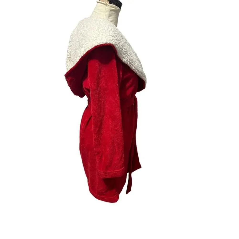 Victoria's Secret Cozy Hooded Plush Fleece W Sherpa Short Robe Vibrant Red XS/S - Image 6