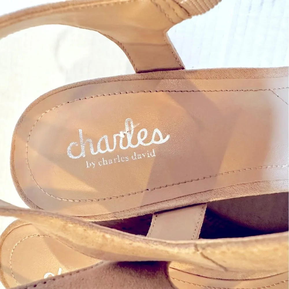 Charles‎ David Cork Wedge Sandal Women's Size 10M Beige Nude Faux Suede - Image 5