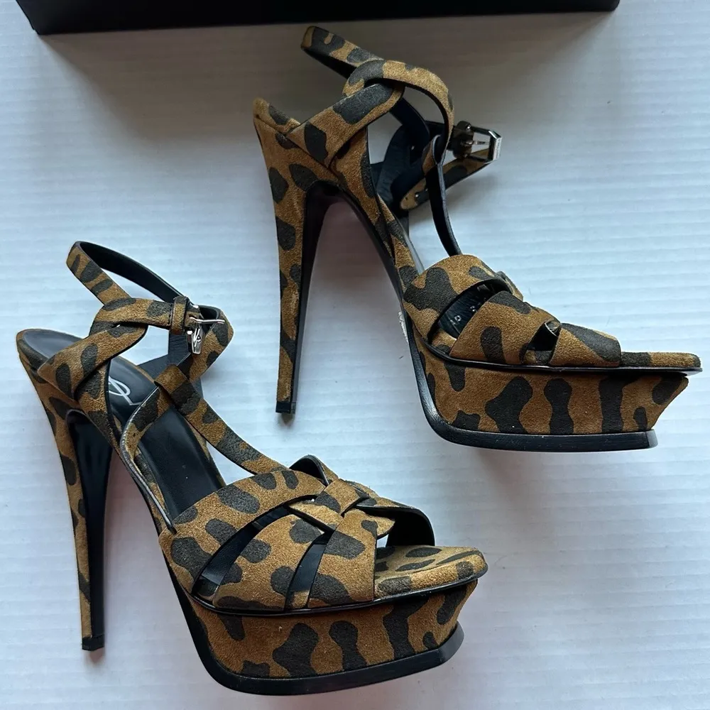 SAINT LAURENT Suade Leopard Print Tribute 105 Platform Sandals Size 8/38 NEW - Image 2