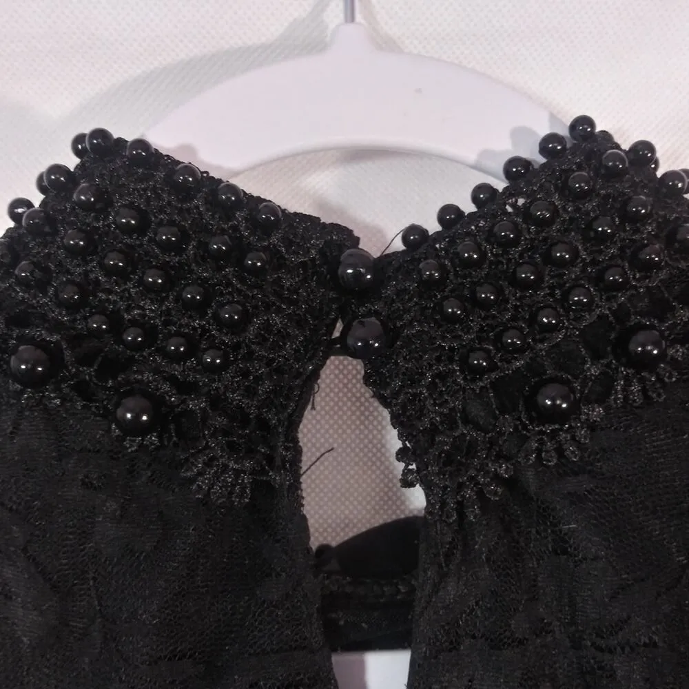 WH Dress Women's Floral Lace Blouse Overlay Beaded Neck Long Sleeve Top Size M Black Size M - Image 6