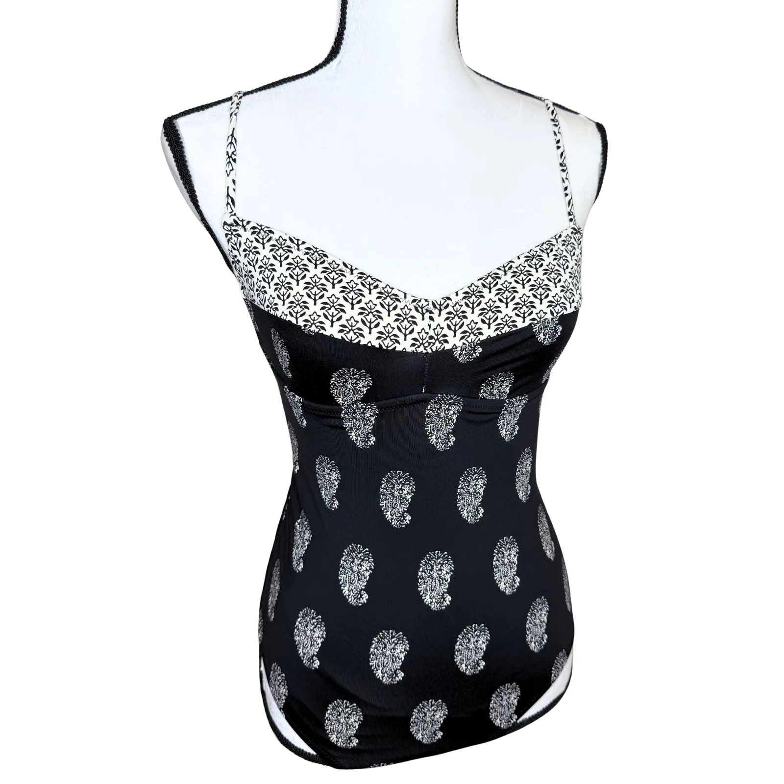 Madewell Paisley Print Cross-Back One Piece Swimsuit Size 4 Tanksuit Black White - Image 2