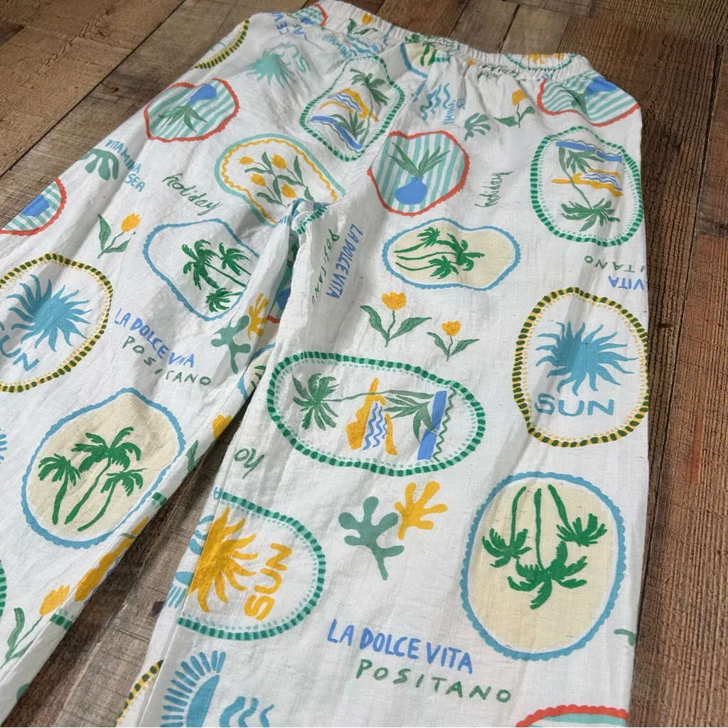 Monteau Los Angeles Medium Boho Vacation Print Wide Leg Pants Pockets Resortwear White - Image 7