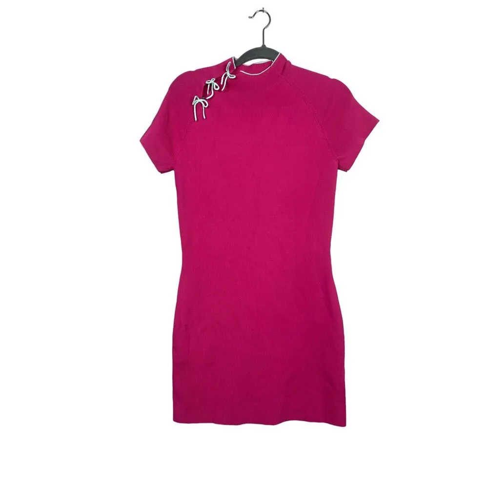 Zara Short Sleeve Knit Mini Bodycon Dress Bow Detail Contrast Trim L Pink #3138 - Image 3