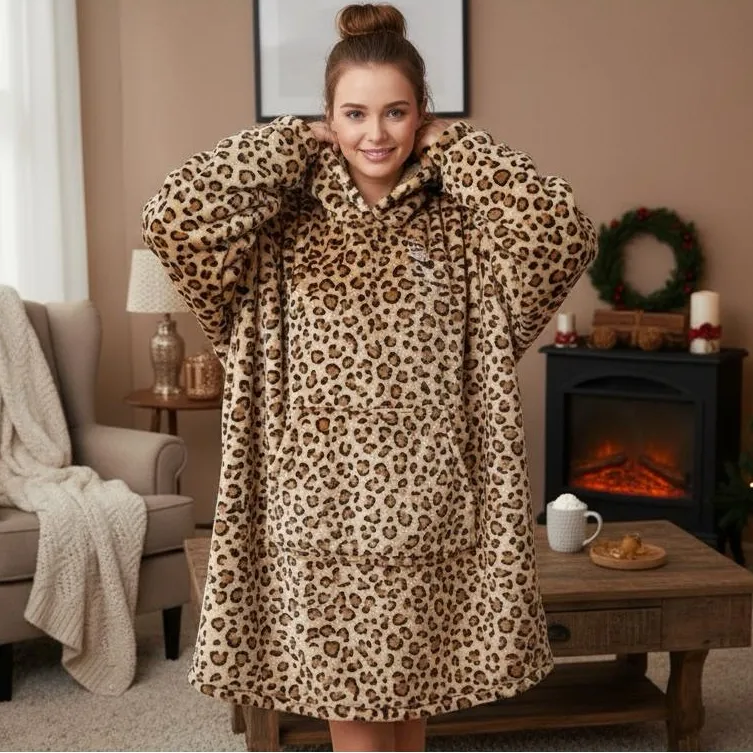 THROWZY Marlo Lorenz Oversized Hooded Boho Poncho Fleece Wearable Blanket OS Tan Size XXL - Image 2