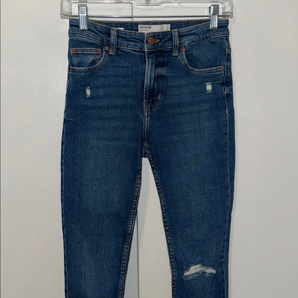 Bershka Mid Rise Distressed Skinny Jeans Stretch Cotton Denim Women’s 4 - Image 3