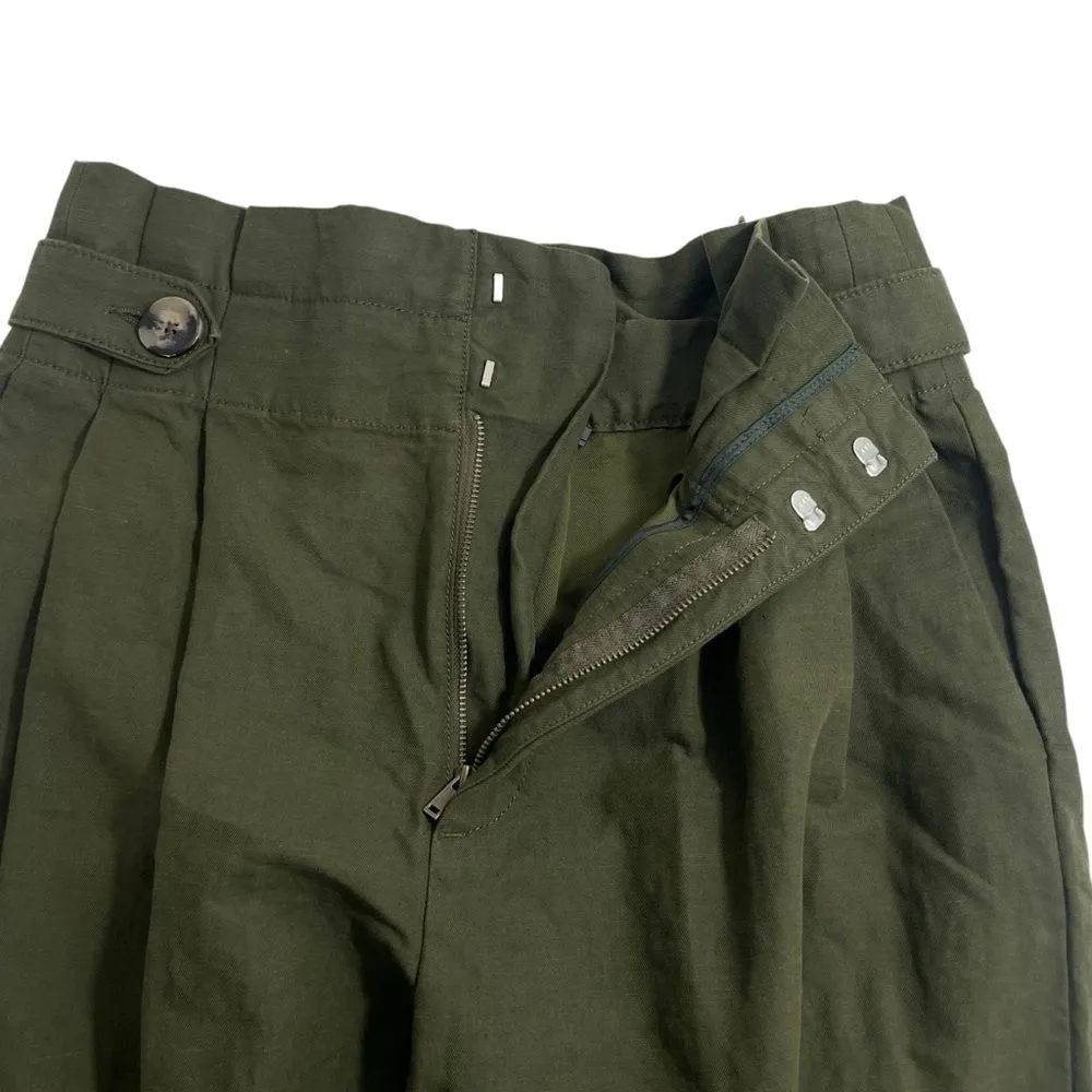 Zara Paperbag Waist Linen Blend‎ Barrel Leg Pants Size MEDIUM Army Olive Green - Image 4