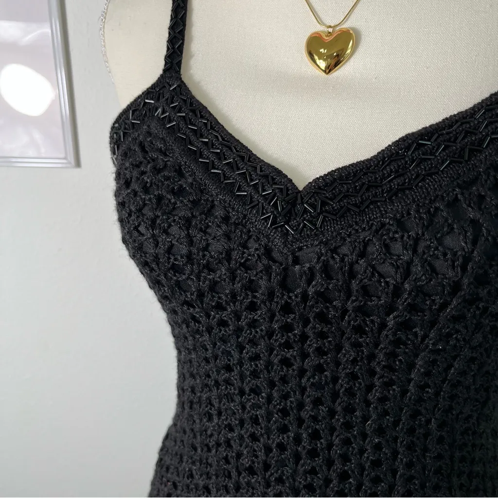 Vintage Y2K Crochet Knit Beaded Cami‎ Top Linen Rayon Womens Medium - Image 3