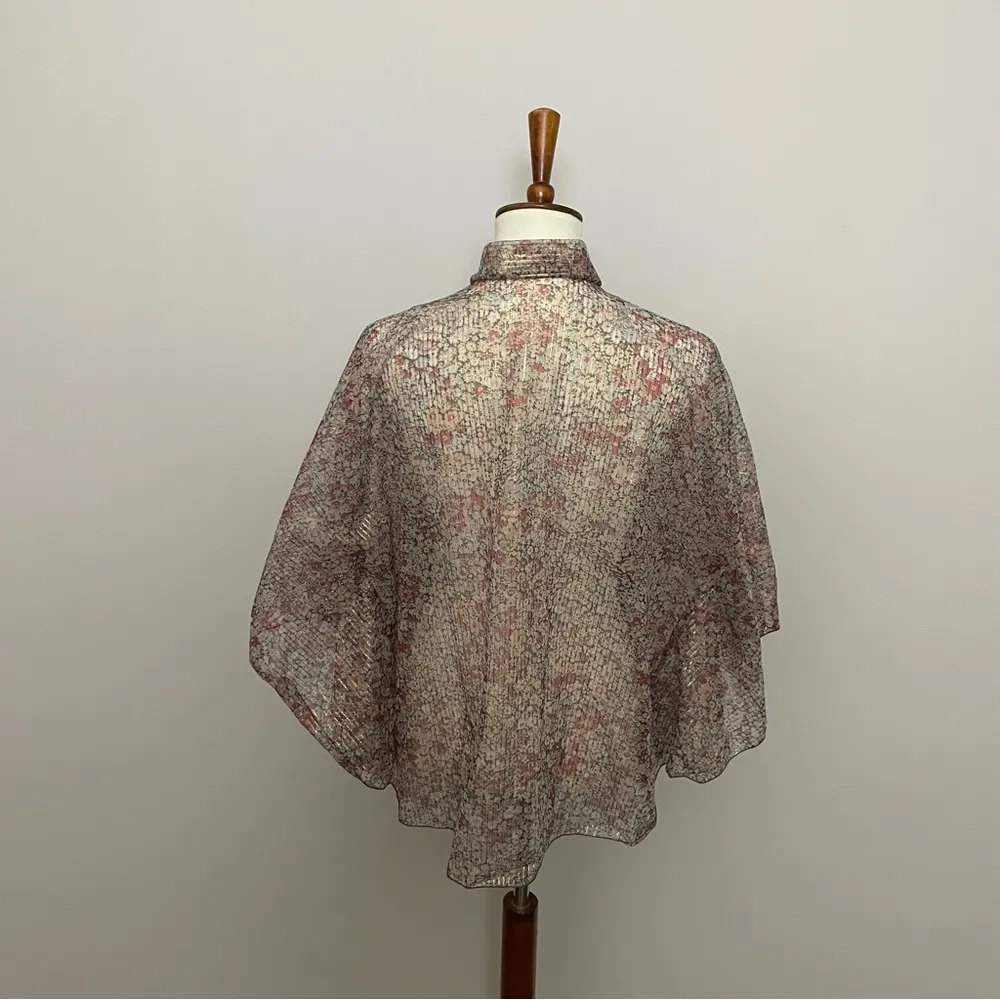 Vintage Mademoiselle Top Blouse Floral Striped Sheer Tie Neck Pink Black Gold Size M - Image 6