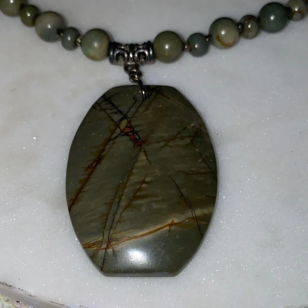 Green Beaded Necklace 47x29x6mm Natural Picasso Jasper Teardrop Pendant Bead - Image 2